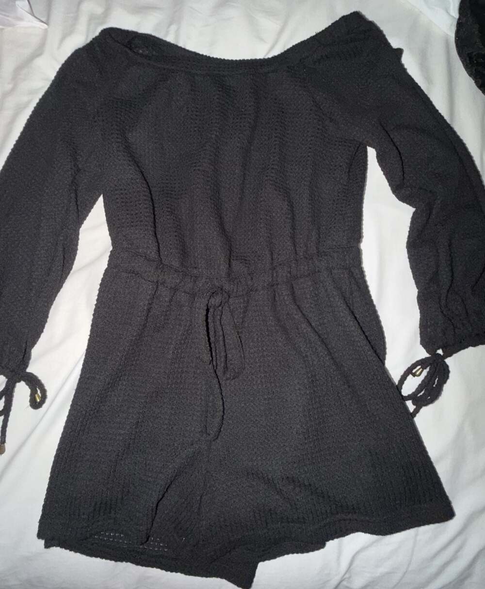 Bluivy Young Contemporary Black Waffle Knit Off Shoulder Romper